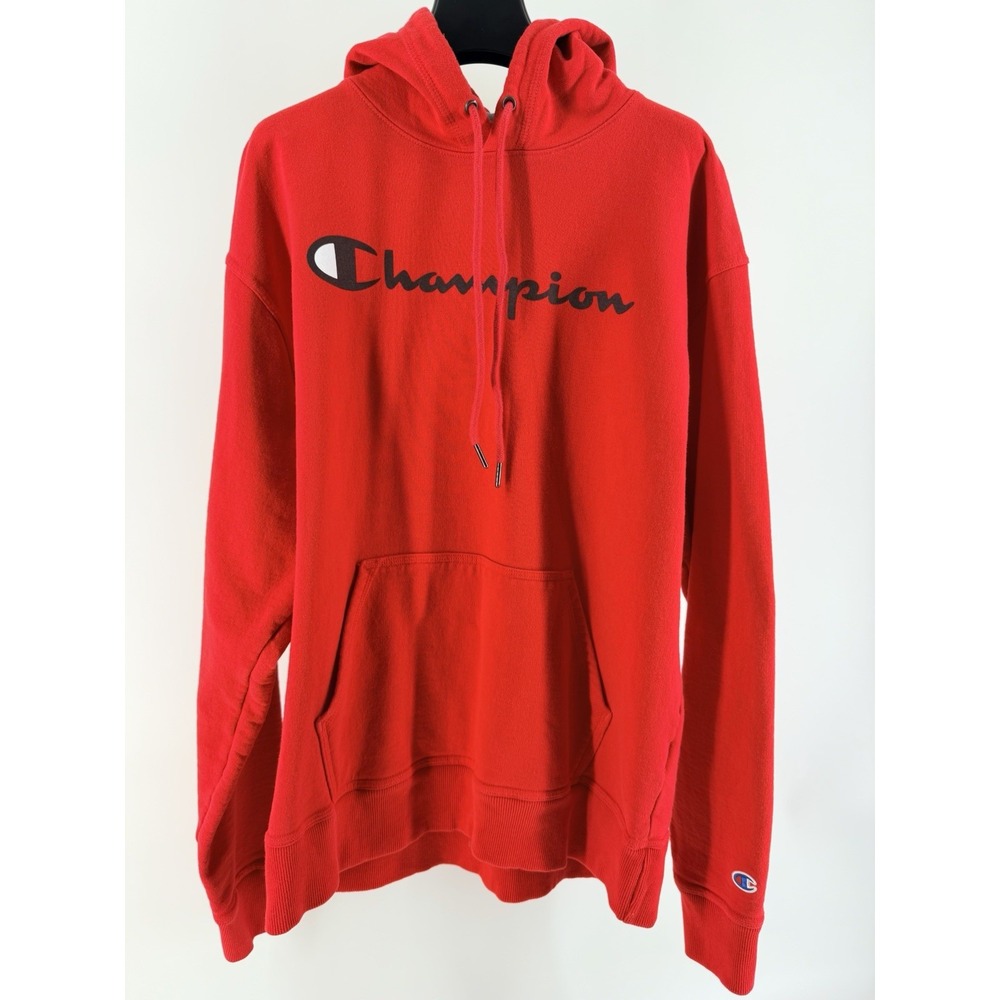 Champion Hoodie Sweatshirt Mens Large Red Script Logo Fleece Kangaroo Pocket